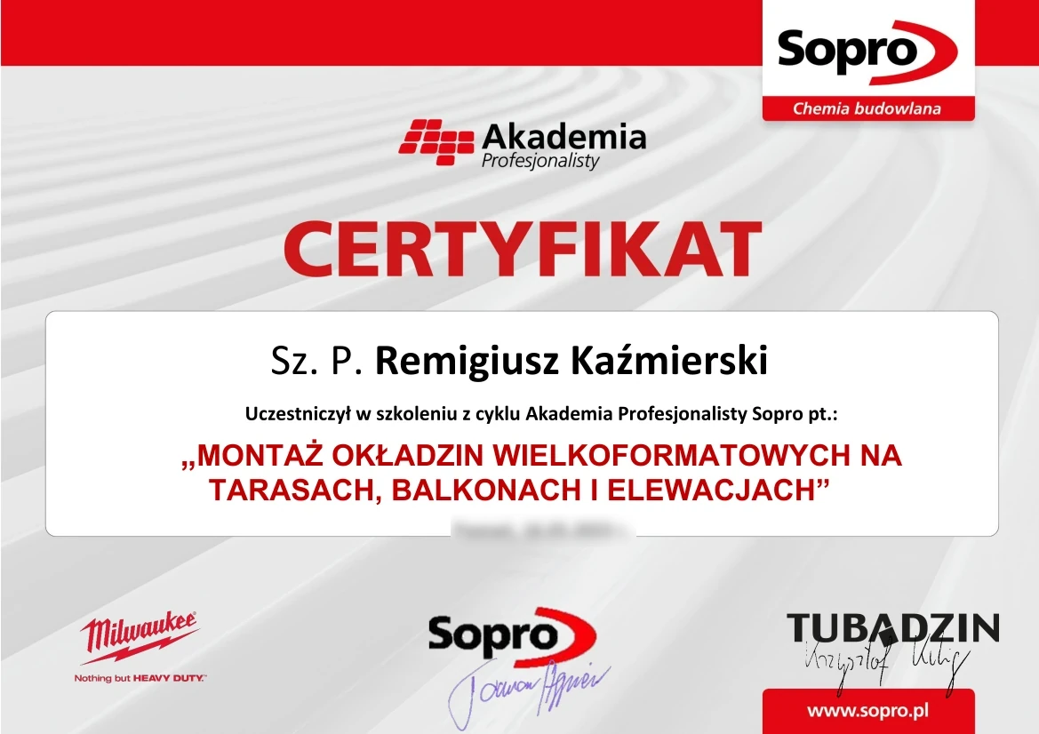 Certyfikat Akademia Profesjonalisty Sopro 2023 Montaż okładzin wielkoformatowych na tarasach balkonach i elewacjach